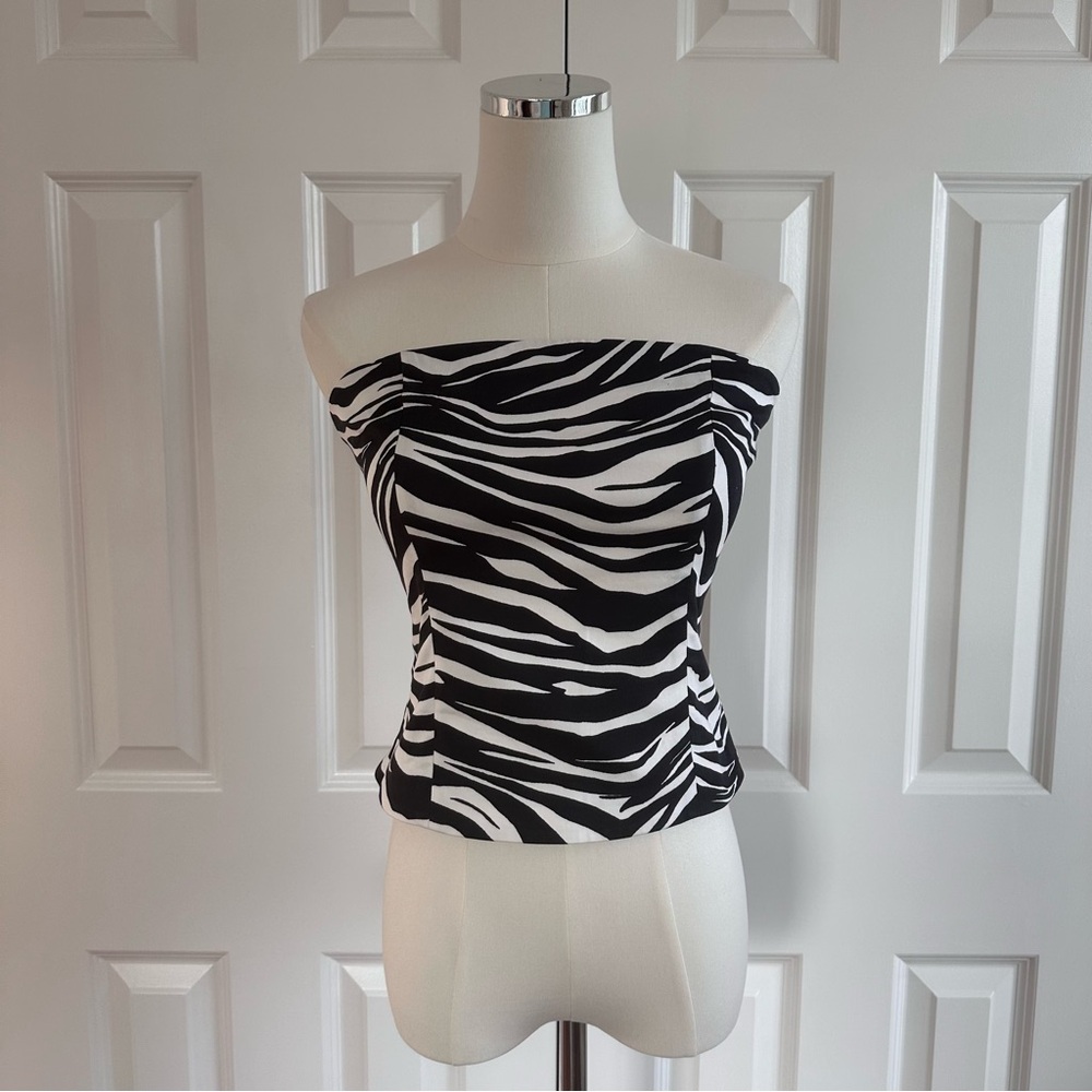 Bebe Black White Zebra Animal Print Fitted Strapless Summer Crop Sexy Top Size S